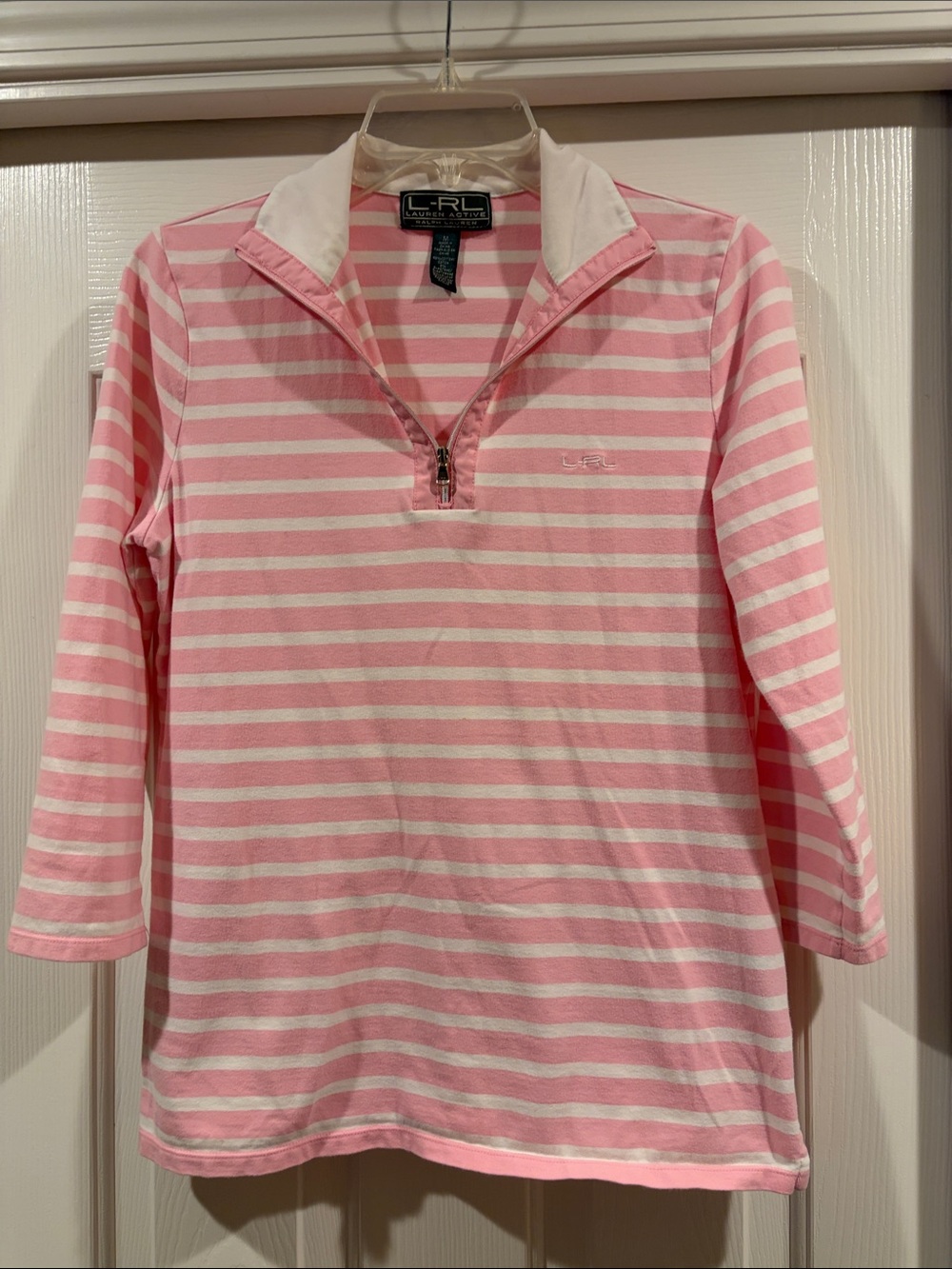 Ralph Lauren Pink Striped  3/4 Sleeve Polo Top like new size M - Picture 3 of 5